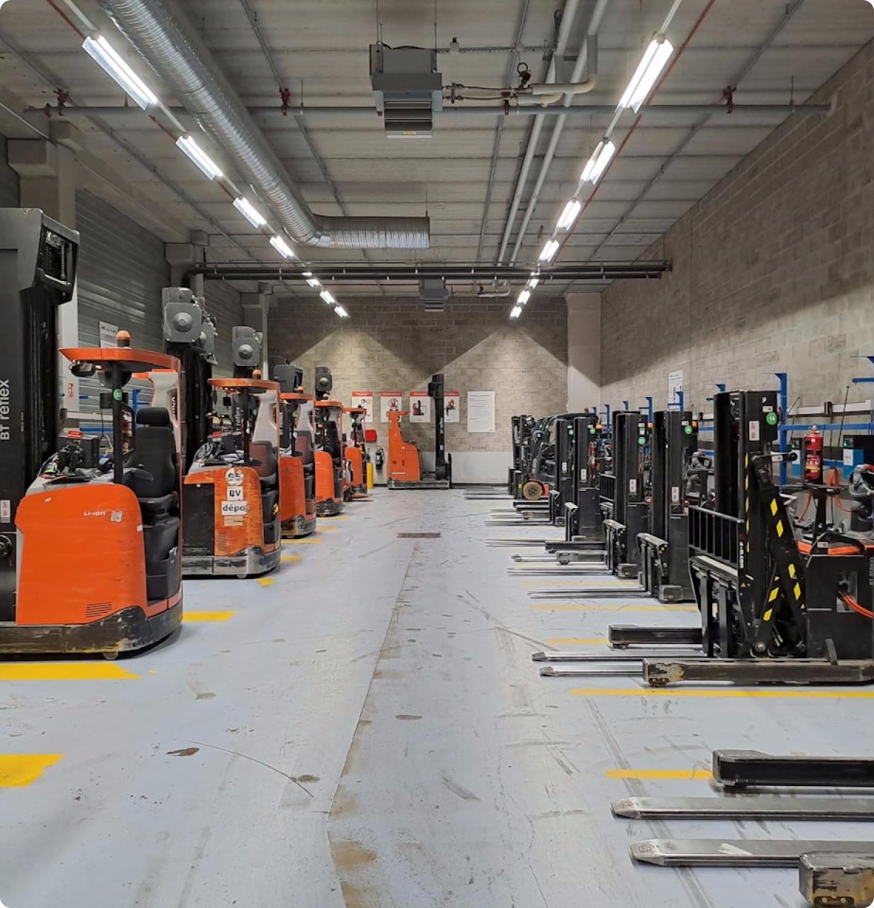 Image of a warehouse, with tiny little cranes for carrying objects.
